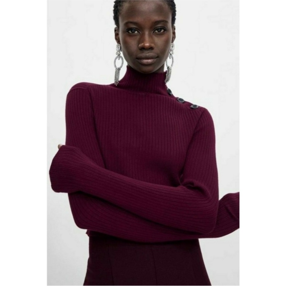 Zara Ribbed Button-Shoulder Turtleneck Sweater in Plum